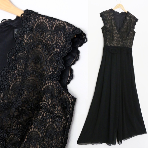 Tadashi Shoji Bridal Mikado Jumpsuit 6 Black Lace Overlay Chiffon Wide Leg $490 - Picture 9 of 16